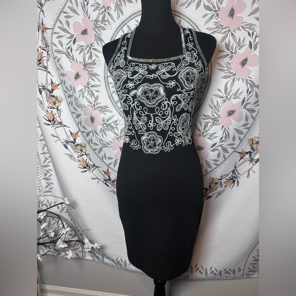 Vintage 90s Black Beaded Halter Dress Outlander Wool Blend Bodycon Mini Small